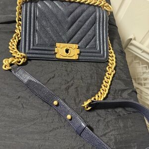 Dior Navy Quilted Shoulder Bag with Gold Chain